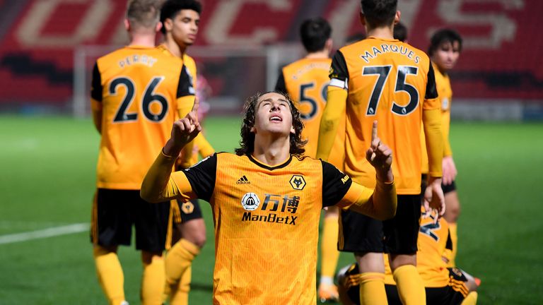 Fabio Silva of Wolverhampton Wanderers celebrates after scoring a goal to make it 1-2 during the EFL Trophy match between Doncaster Rovers and Wolverhampton Wanderers U21 