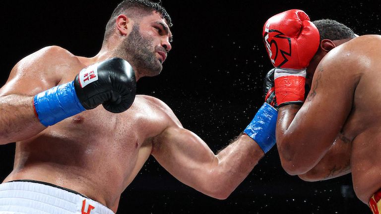 November 7, 2020; Hollywood, Florida; Filip Hrgovic and Rydell Booker during their bout on the November 7, 2020 Matchroom Boxing card in Hollywood, FL.  Mandatory Credit:Ed Mulholland/Matchroom.