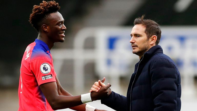 Chelsea head coach Frank Lampard embraces Tammy Abraham following their victory at Newcastle