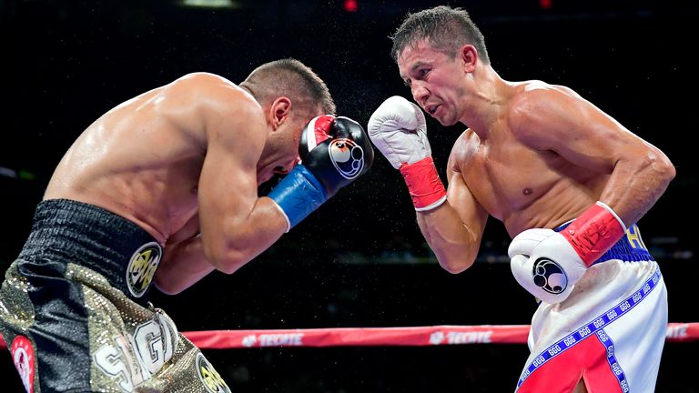Gennady Golovkin (R) exchanges punches with Sergiy Derevyanchenko during their IBF middleweight title bout at Madison Square Garden on October 05, 2019 in New York City. (Photo by Steven Ryan/Getty Images)