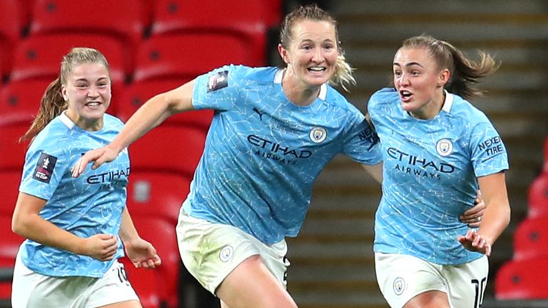 Georgia Stanway celebrates her goal for Man City vs Everton