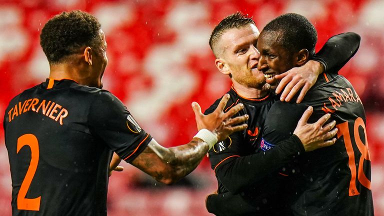 Glen Kamara celebrates with Steven Davis after scoring to make it 2-1 to Rangers vs Benfica