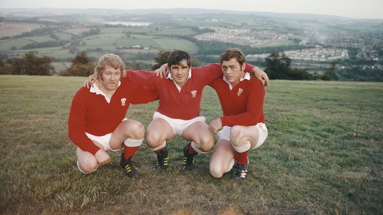 PONTYPOOL, UNITED KINGDOM - SEPTEMBER 01: Pontypool and Wales Front Row Rugby players from left to right Graham Price, Bobby Windsor and Charlie Faulkner pictured in their Wales kit over looking the Pontypool and the Valleys in September 1978 in Pontypool, Wales. (Photo by Tony Duffy/Allsport/Getty Images)