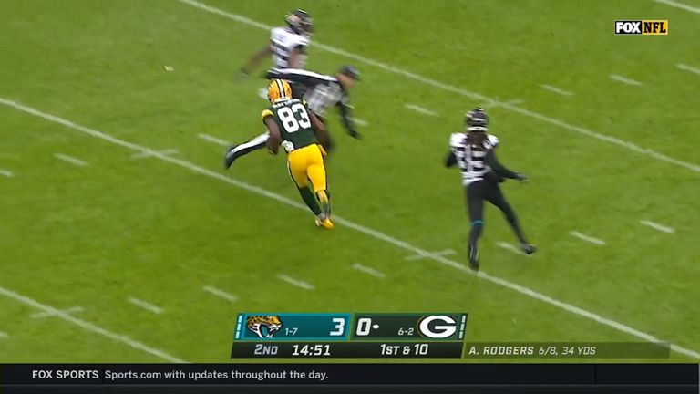 Green Bay Packers wide receiver Marquez Valdes-Scantling roams the globe on an amazing 78-yard touchdown, with a little help from the ref! 