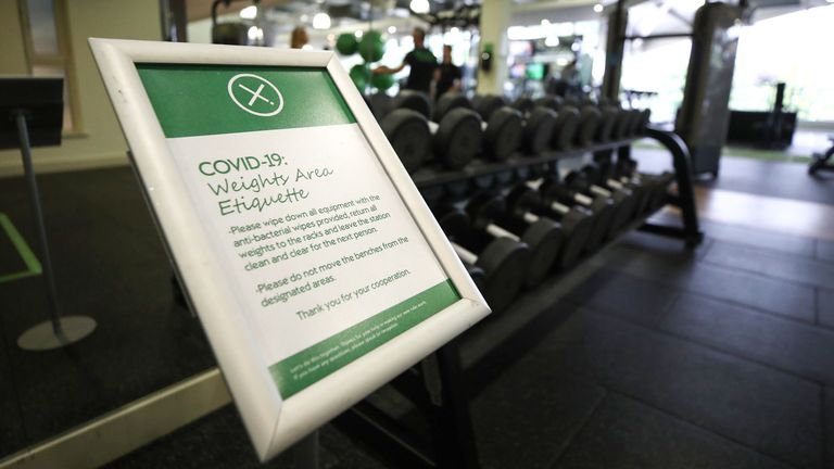 Social distancing markers and coronavirus information on the exercise equipment at Nuffield Health Mapperley