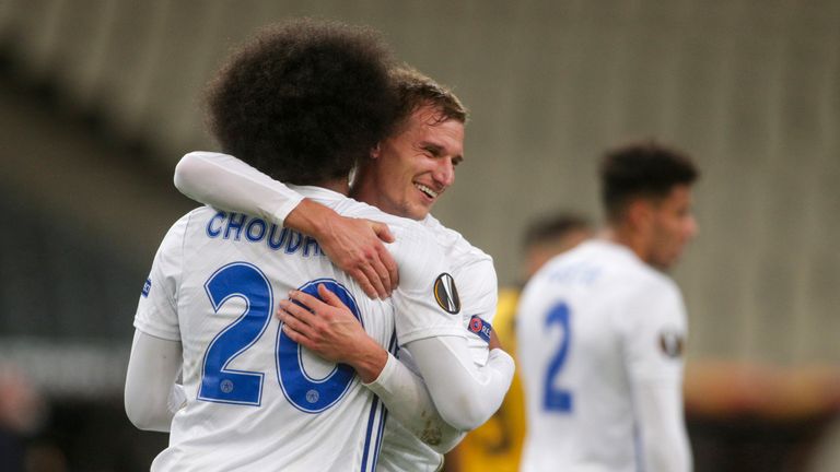 Hamza Choudhury celebrates his goal against AEK Athens 