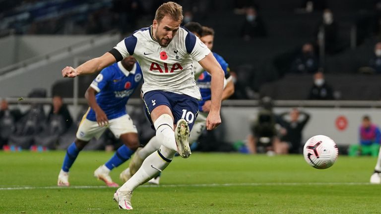 Harry Kane scores from the penalty spot for Spurs against Brighton