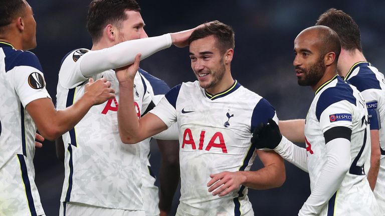 Harry Winks celebrates his first European goal for Tottenham