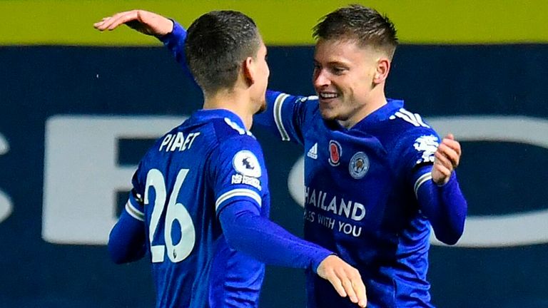 Harvey Barnes celebrates after giving Leicester City an early lead at Leeds United