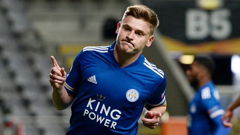 Harvey Barnes of Leicester City celebrates after scoring their sides first goal during the UEFA Europa League Group G stage match between SC Braga and Leicester City