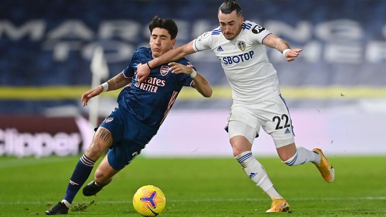 Hector Bellerin is challenged by Jack Harrison