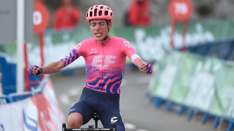 EF Pro Cycling's British rider Hugh Carthy celebrates as he crosses the finish-line 