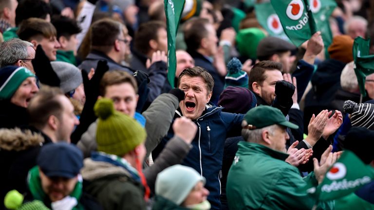 24 February 2018; Ireland fans celebrate their side's second try scored by Bundee Aki of Ireland during the NatWest Six Nations Rugby Championship match between Ireland and Wales at the Aviva Stadium in Lansdowne Road, Dublin. Photo by David Fitzgerald/Sportsfile