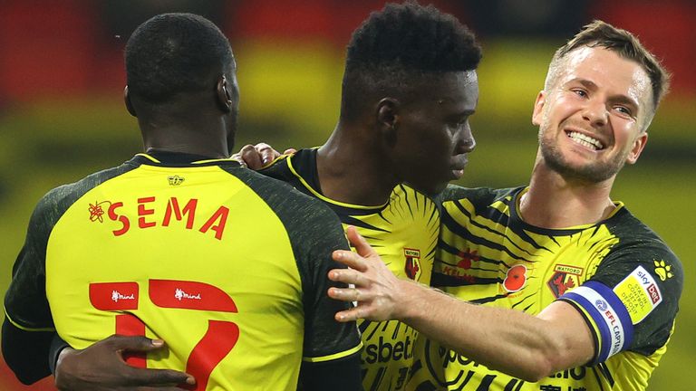 Ismaila Sarr is congratulated after scoring his winning penalty against Coventry