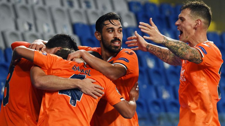 Istanbul Basaksehir players celebrate going 2-0 up against Manchester United