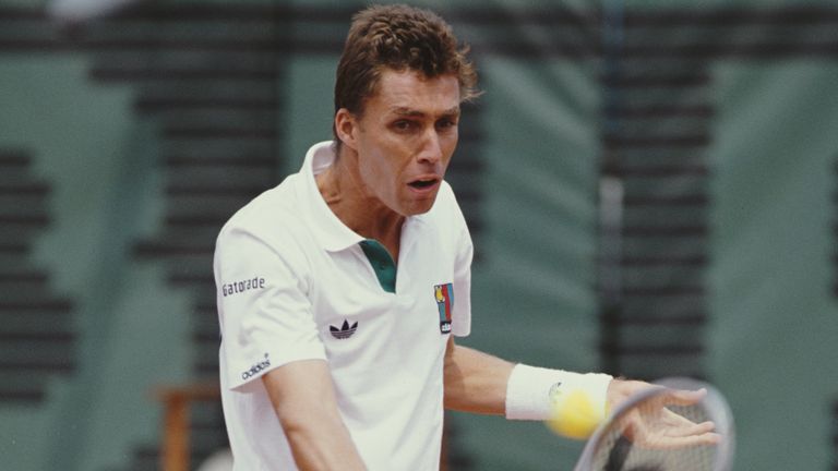 Ivan Lendl of makes a backhand return against Patrik Kuhnen during the Men's Singles first round match at the French Open Tennis Championship on 29 May 1989 at the Stade Roland Garros Stadium in Paris, France