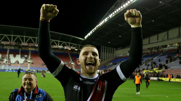 Salford reds Jackson Hastings celebrates after beating Wigan to make the final after the Betfred Super League semi final match at the DW Stadium, Wigan. PA Photo. Picture date: Friday October 4, 2019. See PA story RUGBYL Wigan. Photo credit should read: Richard Sellers/PA Wire. RESTRICTIONS: Editorial use only. No commercial use. No false commercial association. No video emulation. No manipulation of images.  