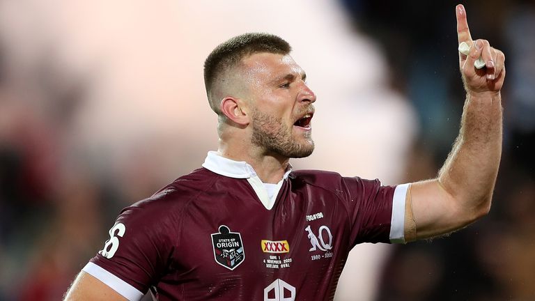 ADELAIDE, AUSTRALIA - NOVEMBER 04: Jai Arrow of the Maroons celebrates winning game one of the 2020 State of Origin series between the Queensland Maroons and the New South Wales Blues at the Adelaide Oval on November 04, 2020 in Adelaide, Australia. (Photo by Mark Kolbe/Getty Images)