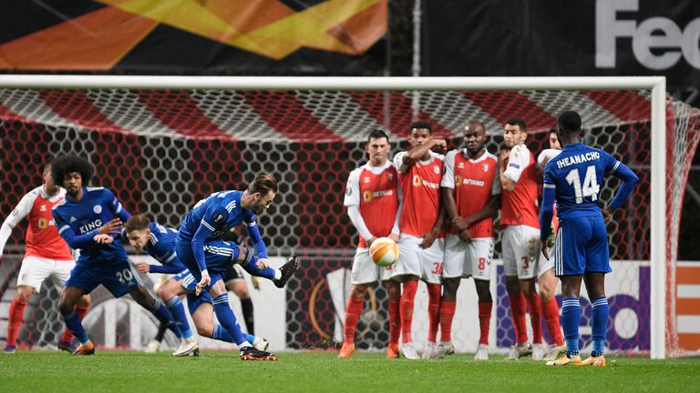 James Maddison crashes his free-kick into the wall during the second half