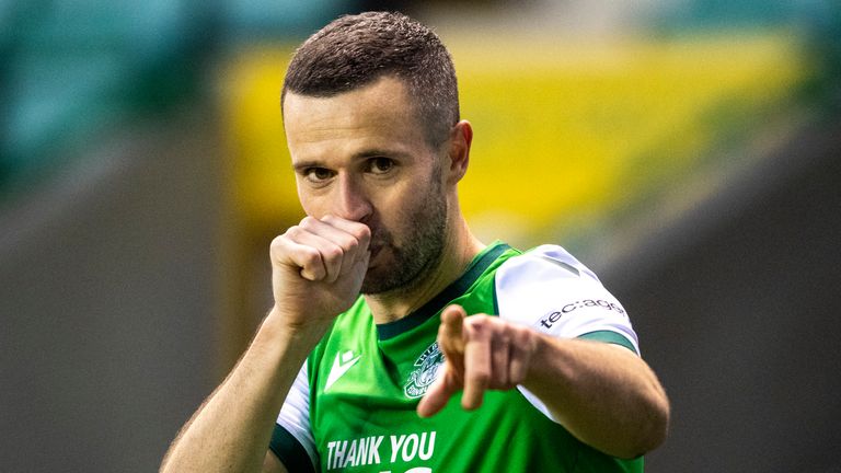 Jamie Murphy celebrates after scoring to make it 1-0 during a Scottish Premiership match between Hibernian and Celtic at Easter Road