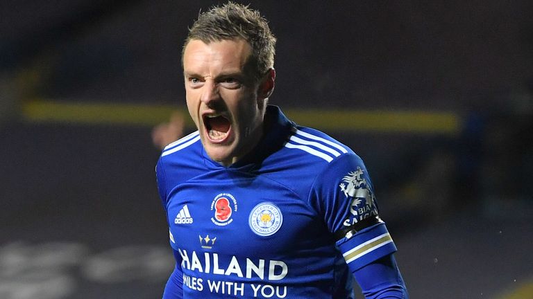 Jamie Vardy scored Leicester City's third goal at Leeds United