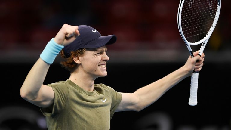 Italian tennis player Jannik Sinner gestures after winning the final against his Canadian opponent at the ATP 250 Sofia Open tennis tournament in Sofia on November 14, 2020.