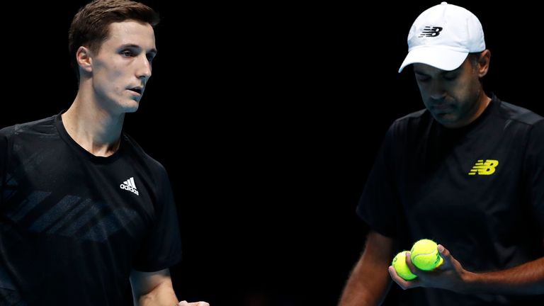 Rajeev Ram of The United States and Joe Salisbury of Great Britain react during their doubles semi final match against Jurgen Melzer of Austria and Edouard Roger-Vasselin of France on day seven of the Nitto ATP World Tour Finals at The O2 Arena on November 21, 2020 in London, England