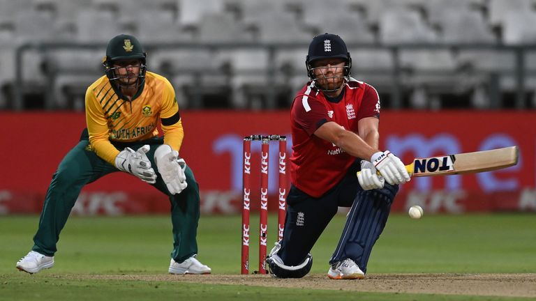 England's Jonny Bairstow reverse sweeps on his way to 86no at Newlands Stadium