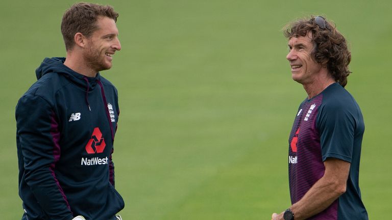 SOUTHAMPTON, ENGLAND - AUGUST 16: Jos Buttler of England and England Wicket-Keeping Coach Bruse French during Day Four of the 2nd #RaiseTheBat Test Match between England and Pakistan at the Ageas Bowl on August 16, 2020 in Southampton, England. (Photo by Visionhaus)