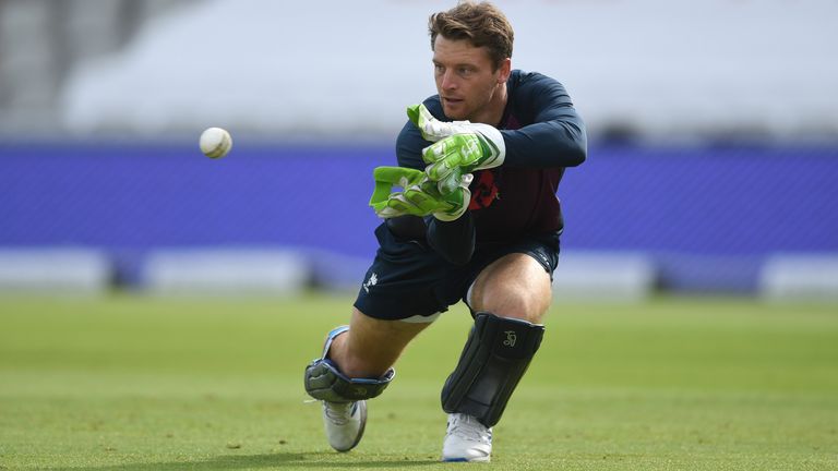 Jos Buttler of England takes a catch during fielding practice during an England Nets Session at Emirates Old Trafford on September 15, 2020 in Manchester, England.