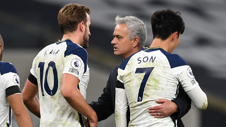 Jose Mourinho embraces Harry Kane and Heung-Min Son at full-time