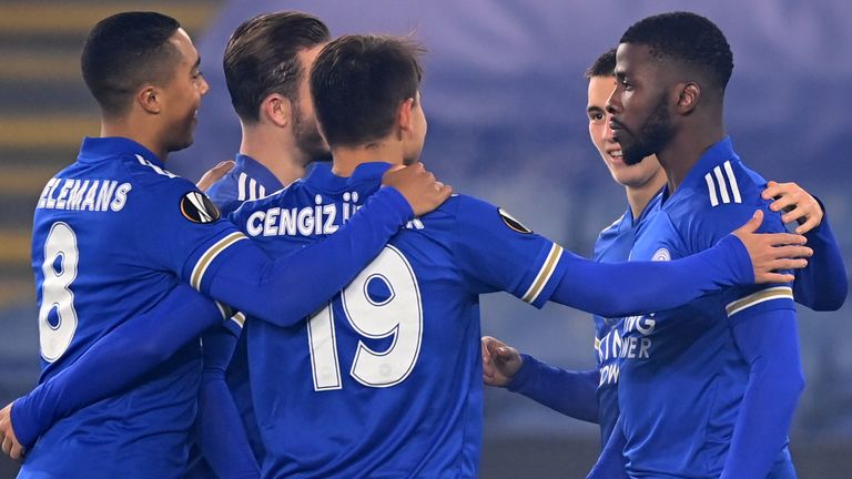 Kelechi Iheanacho celebrates with Leicester City team-mates after putting them 2-0 up against Braga