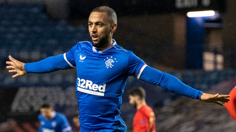 Kemar Roofe celebrates after scoring to make it 2-0 Rangers during a UEFA Europa League Group D match between Rangers and Benfica at Ibrox 
