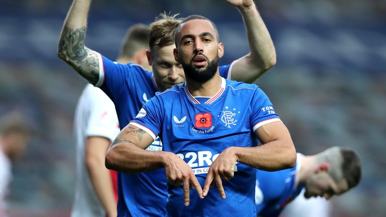 Kemar Roofe celebrates after scoring Rangers' second goal