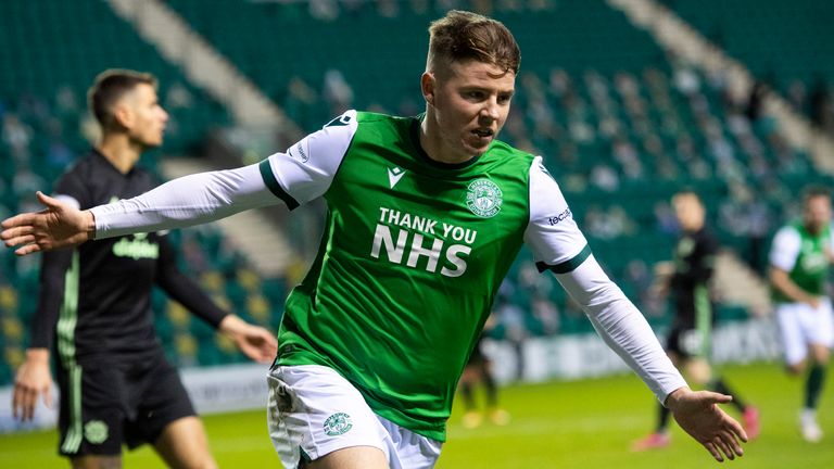 Kevin Nisbet celebrates after scoring to make it 2-0 during a Scottish Premiership match between Hibernian and Celtic at Easter Road,