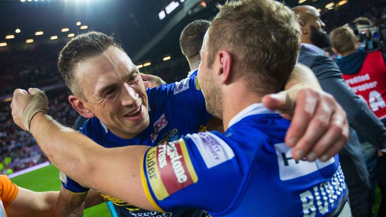 Picture by Alex Whitehead/SWpix.com - 10/10/2015 - Rugby League - First Utility Super League Grand Final - Leeds Rhinos v Wigan Warriors - Old Trafford, Manchester, England - Leeds' Kevin Sinfield and Rob Burrow celebrate the win.