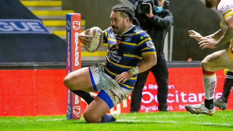 Konrad Hurrell goes over for one of Leeds' tries