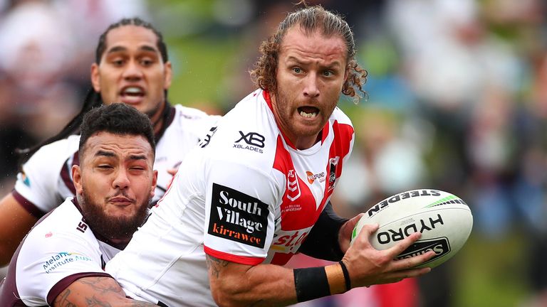 SYDNEY, AUSTRALIA - JUNE 16: Korbin Sims of the Dragons is tackled during the round 14 NRL match between the Manly Sea Eagles and the St George Illawarra Dragons at Lottoland on June 16, 2019 in Sydney, Australia. (Photo by Cameron Spencer/Getty Images)