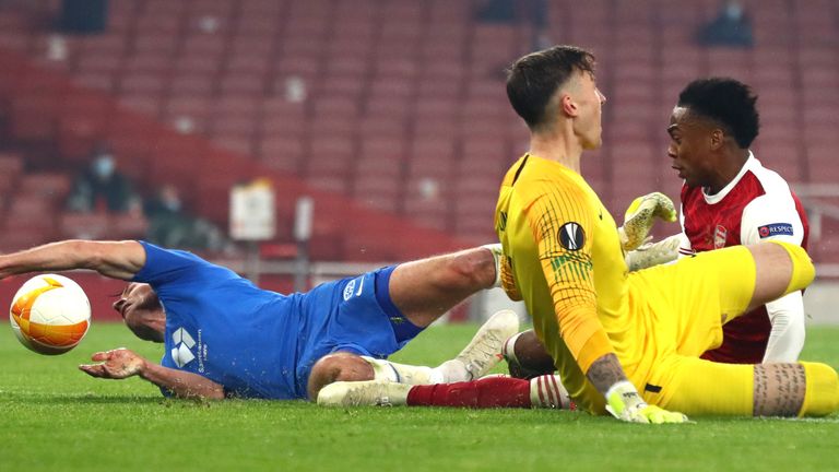 Kristoffer Haugen turns the ball into his own net under pressure from Joe Willock