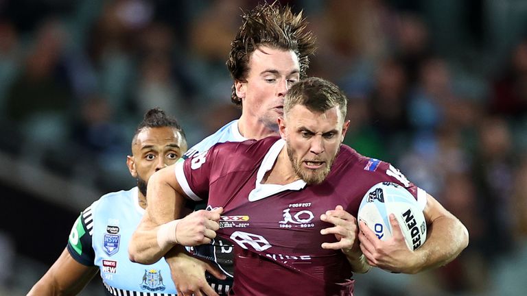 Kurt Capewell of the Maroons is tackled during game one of the 2020 State of Origin series