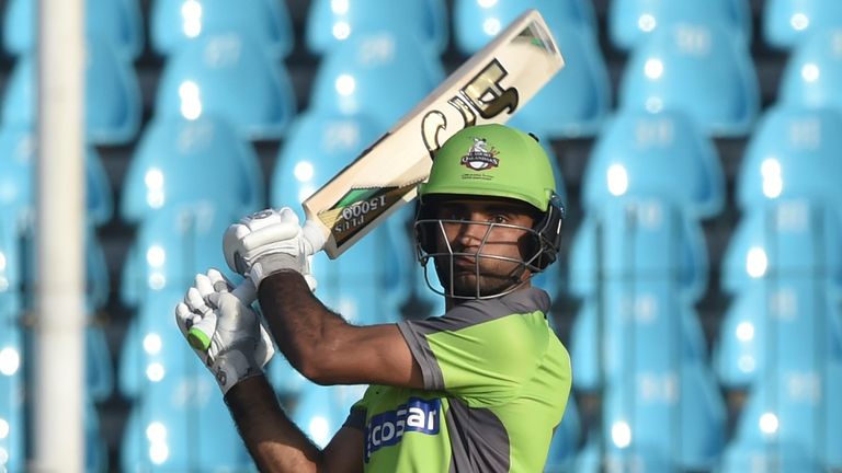 Lahore Qalandars Fakhar Zaman plays a shot during the Pakistan Super League (PSL) T20 cricket match between Lahore Qalandars and Multan Sultans at the Gaddafi Cricket Stadium in Lahore on March 15, 2020. 