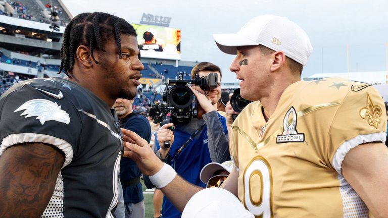 ORLANDO,FL - JANUARY 27: Quarterback Lamar Jackson of the Baltimore Ravens from the AFC Team talk winth Quarterback Drew Brees #9 of the New Orleans Saints from the NFC Team after the NFL Pro Bowl Game at Camping World Stadium on January 26, 2020 in Orlando, Florida. The AFC defeated the NFC 38 to 33. (Photo by Don Juan Moore/Getty Images) *** Local Caption *** Lamar Jackson; Drew Brees
