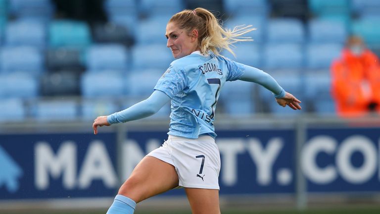 Laura Coombs of Manchester City scores her sides second goal during the Barclays FA Women's Super League match between Manchester City Women and Bristol City Women at Manchester City Football Academy on November 07, 2020 in Manchester, England