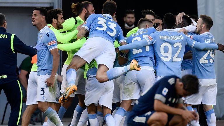 Lazio celebrate their late equaliser against Juventus