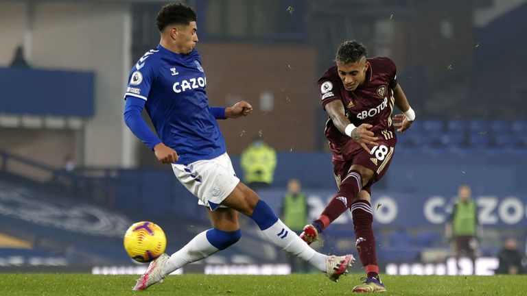 Leeds United's Raphinha (right) scores against Everton