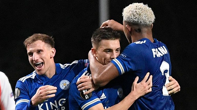 Luke Thomas of Leicester City celebrates with Marc Albrighton of Leicester City and Wesley Fofana of Leicester City after scoring his teams second goal during the UEFA Europa League Group G stage match between SC Braga and Leicester City 