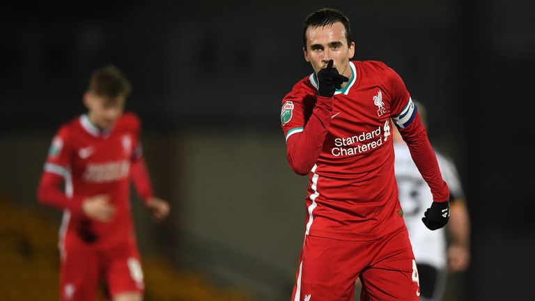 Liam Miller of Liverpool after scoring his side's opening goal during the EFL Trophy group match between Port Vale and Liverpool U21