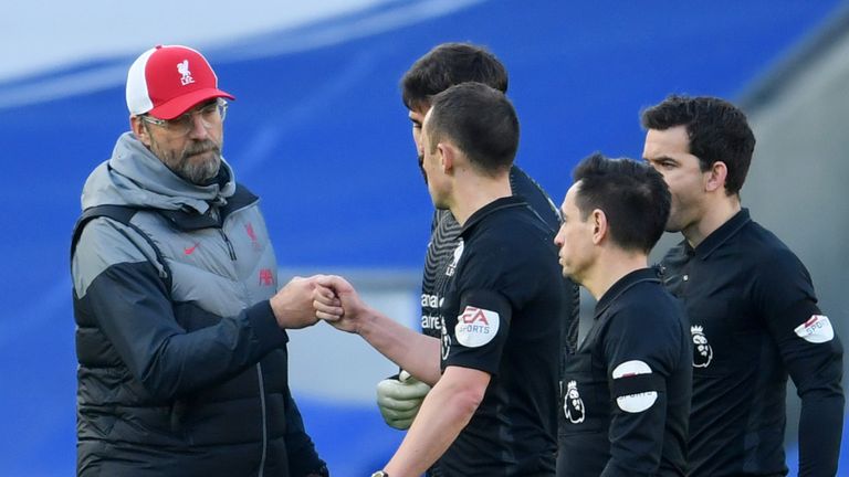 Liverpool's Jurgen Klopp remonstrates with the match officials at Brighton