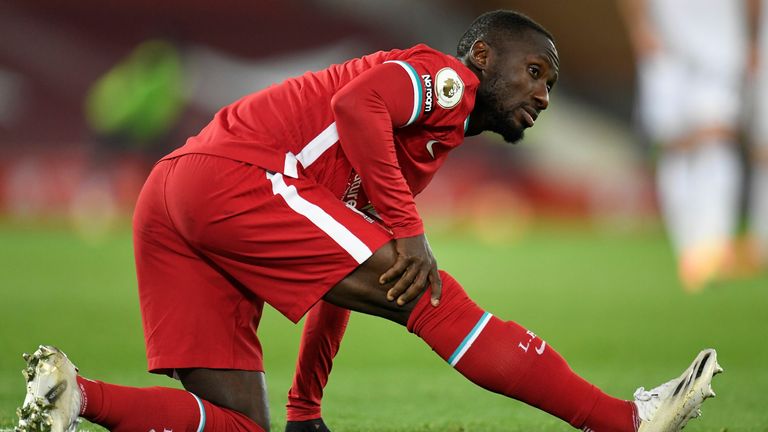 Liverpool&#39;s Guinean midfielder Naby Keita leaves the pitch injured during the English Premier League football match between Liverpool and Leicester City at Anfield in Liverpool, north west England on November 22, 2020