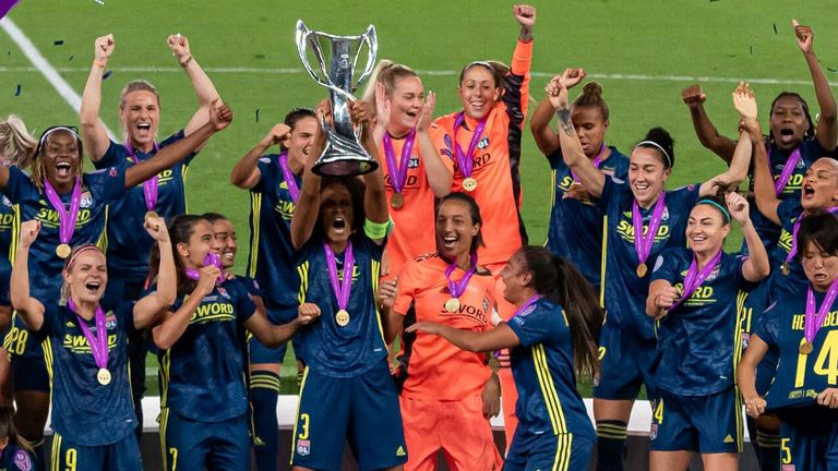 Lyon Women celebrate winning the 2019/20 Women's Champions League after defeating Wolfsburg 3-1 in the final